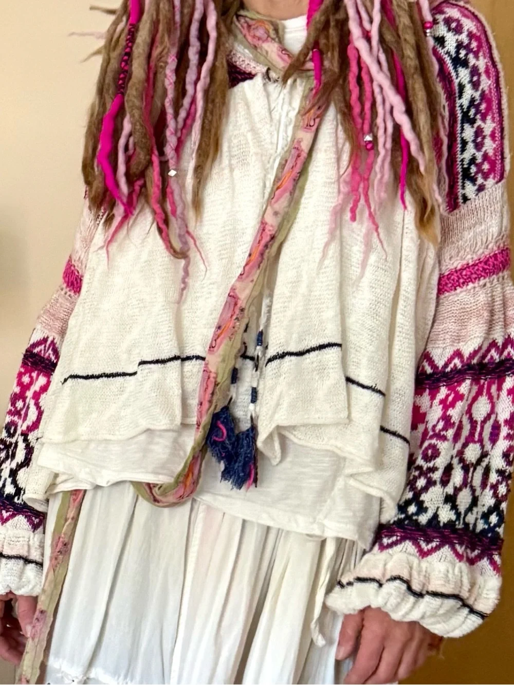Free People Knit & Crochet Cardi S White, Pink, Purple Bubble Sleeves⭐️Like New
